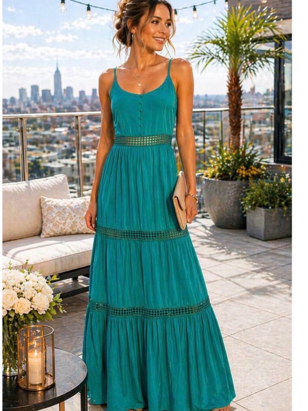 Jack by BB Dakota Teal Spaghetti-Strap Tiered Maxi Dress